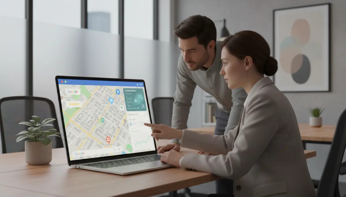 Consultant and local business owner reviewing Google and AI search presence on a laptop