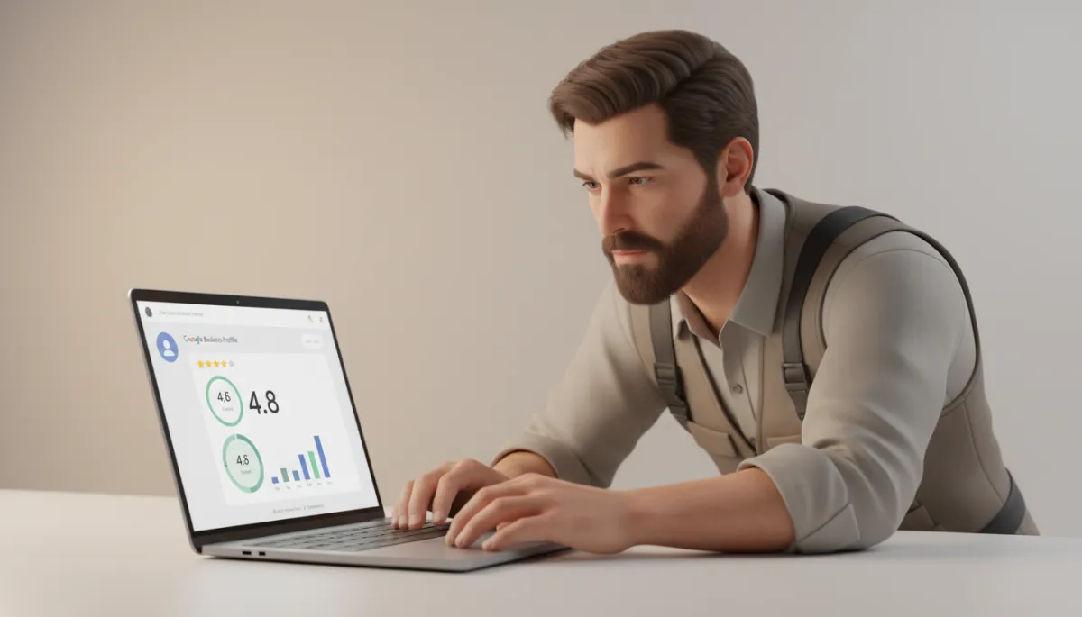 Contractor reviewing Google Business Profile performance and customer reviews on a laptop