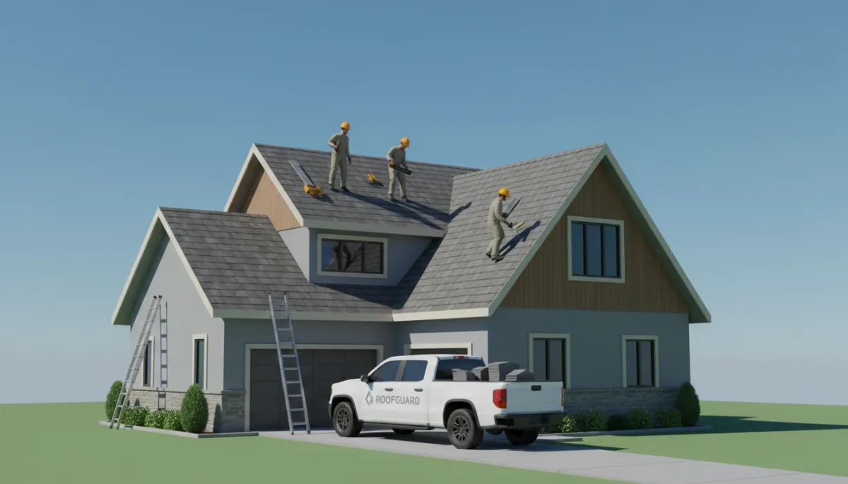 Roofing crew working professionally on a residential roof