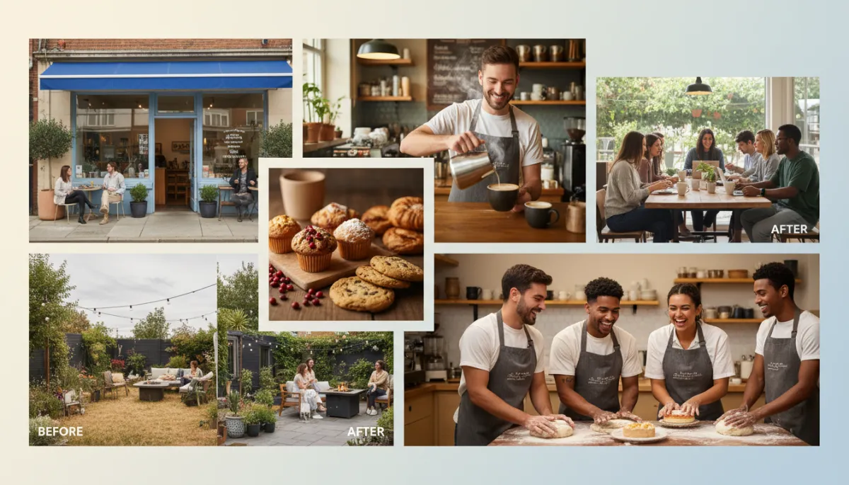 A collage of realistic, high-quality photos suitable for a Google Business Profile: exterior and interior shots of small business locations, real team members working, product displays, and before-and-after images. All photos should feature real people and environments, with natural lighting, no cartoon or illustrated styles.