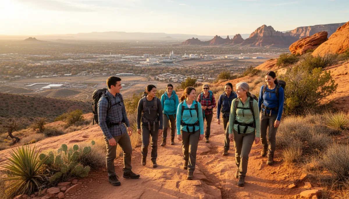 A highly realistic, high-resolution photograph capturing a diverse group of real St. George, Utah residents hiking together on a sunlit red rock trail overlooking the city in 2026. The group, comprised of varying ages and ethnic backgrounds, is dressed in contemporary, practical outdoor clothing, their interactions natural and unscripted—smiling, chatting, and enjoying the moment. Authentic red sandstone formations and native desert plants line the trail, with the warm glow of late afternoon sunlight casting soft, true-to-life shadows. In the background, the city of St. George is clearly visible, nestled among mesas and desert landscape, illustrating the unique blend of nature and community. The overall composition conveys a genuine sense of belonging, quality of life, and vibrant community living, perfectly suited for a professional blog discussing what it’s like to live in St. George, UT in 2026.