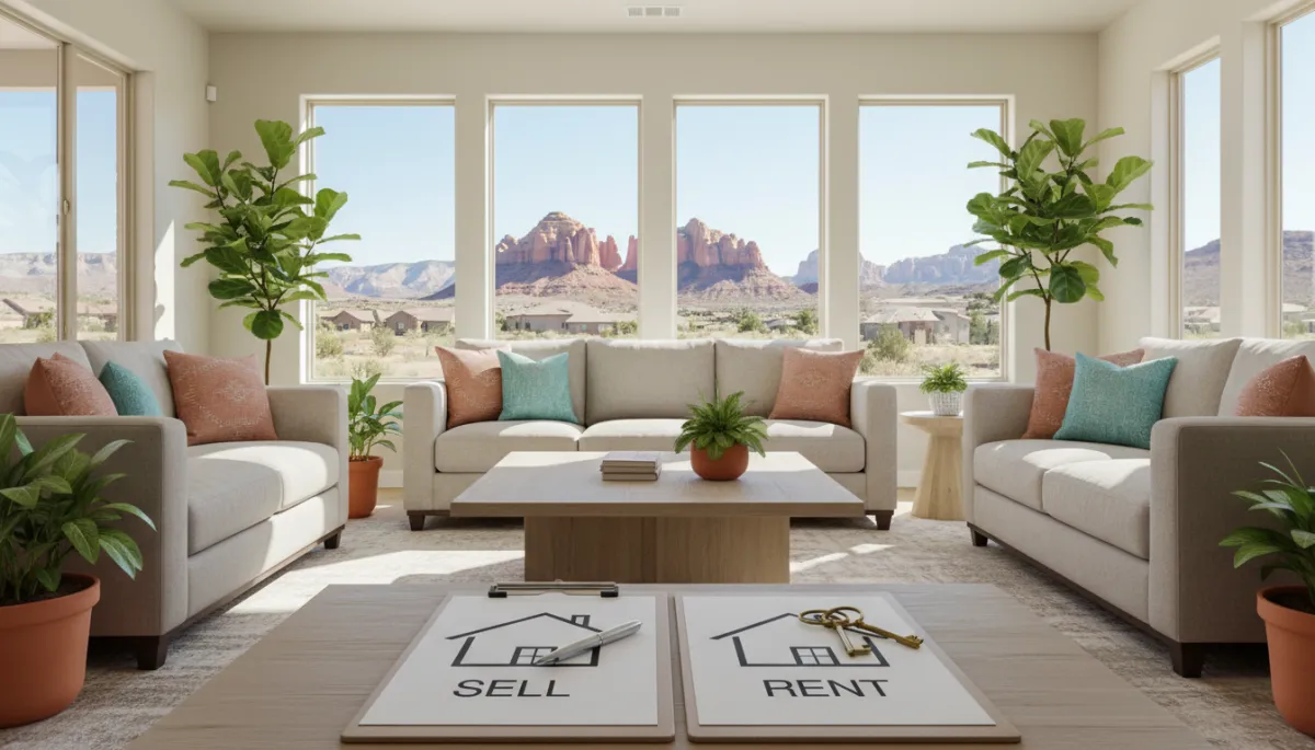 A photorealistic, high-resolution image of a bright, modern living room inside a St. George, Utah home. The room is tastefully staged with neutral-toned, comfortable furniture, fresh green plants, and subtle southwestern decor accents such as patterned throw pillows and terracotta vases. Sunlight streams in through large windows, which showcase the iconic red rock landscape unique to St. George. In the foreground on a coffee table lies a clipboard with two papers side by side—one labeled 