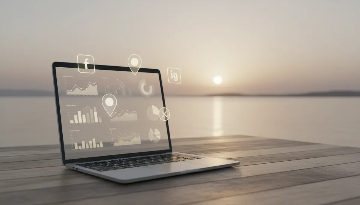 3d render digital art of laptop with digital marketing analytics overlooking Dunsborough bay 3d render digital art of laptop with digital marketing analytics overlooking Dunsborough bay