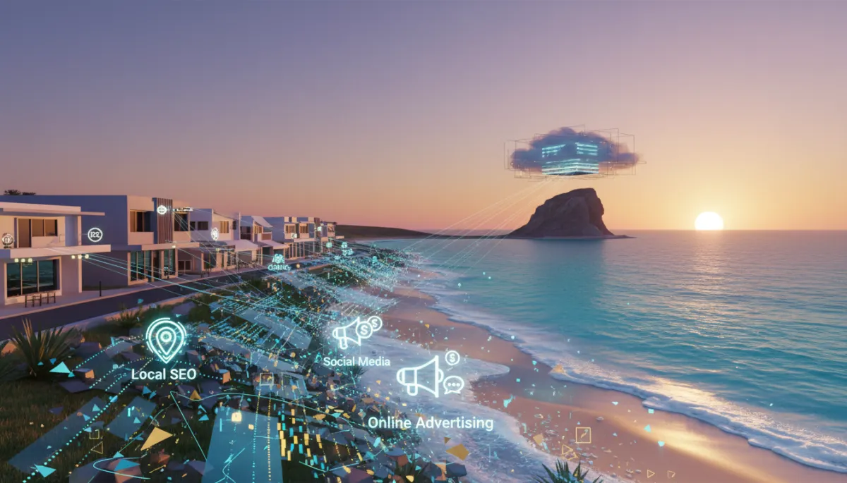 3D render of Dunsborough at dusk with glowing shopfronts and social media icons