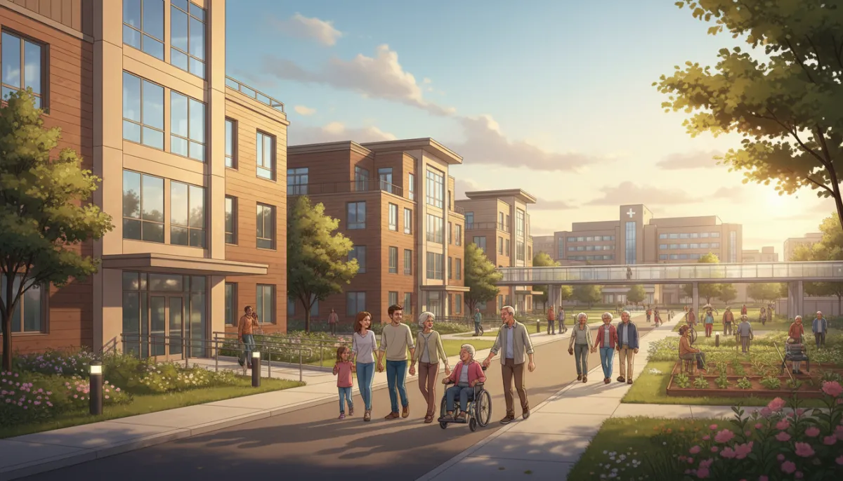 A professional, inviting illustration depicting a modern senior housing community, with clear visual cues of accessibility (such as pathways and visible entrances), proximity to a hospital in the background, and family members visiting. The scene should convey warmth, community, and safety, suitable for a blog about evaluating senior housing locations.