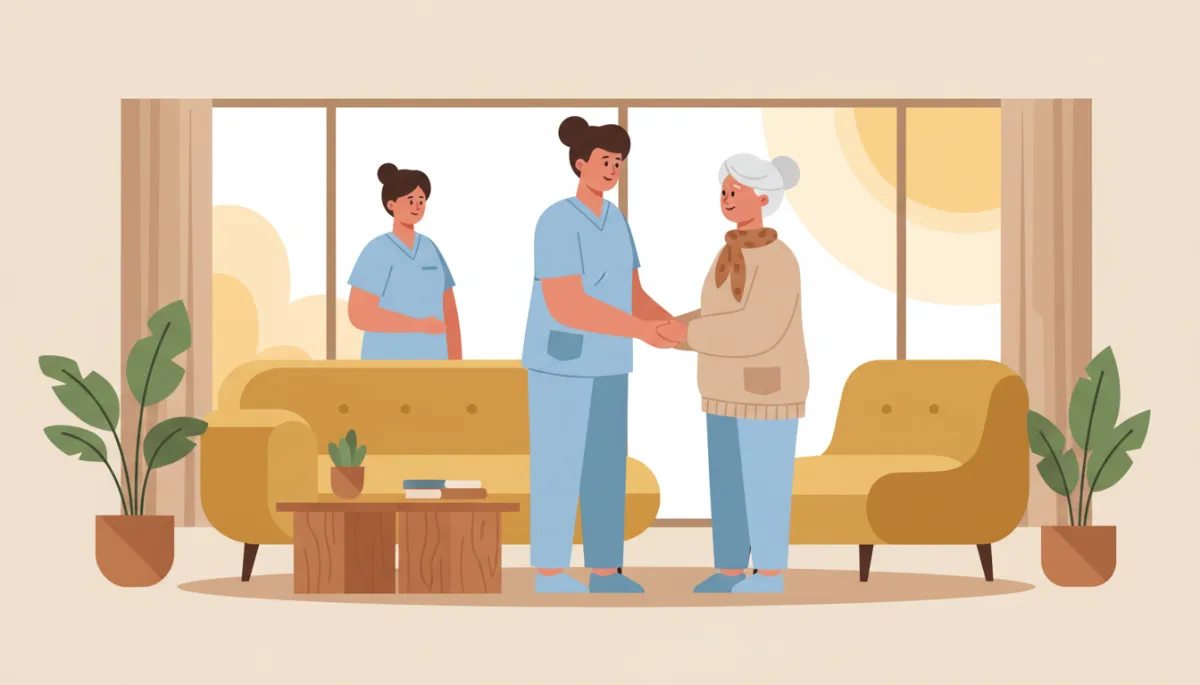 Caregiver supporting a resident with dementia in a memory care community