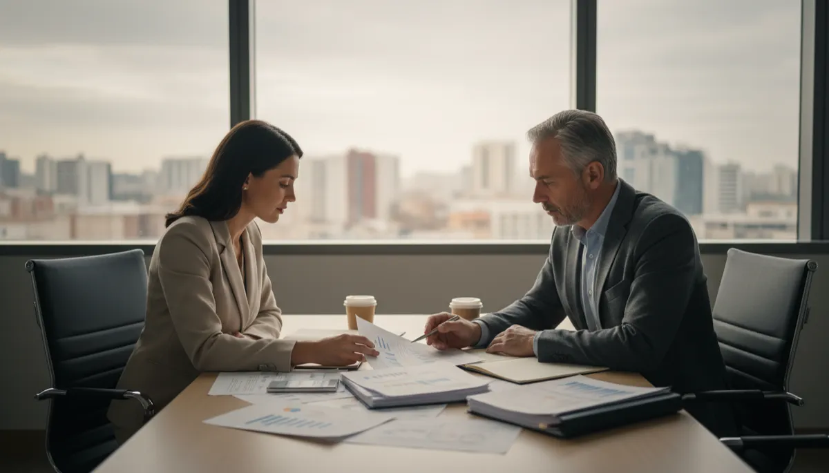 Investor and operator reviewing memory care investment documents in a professional setting