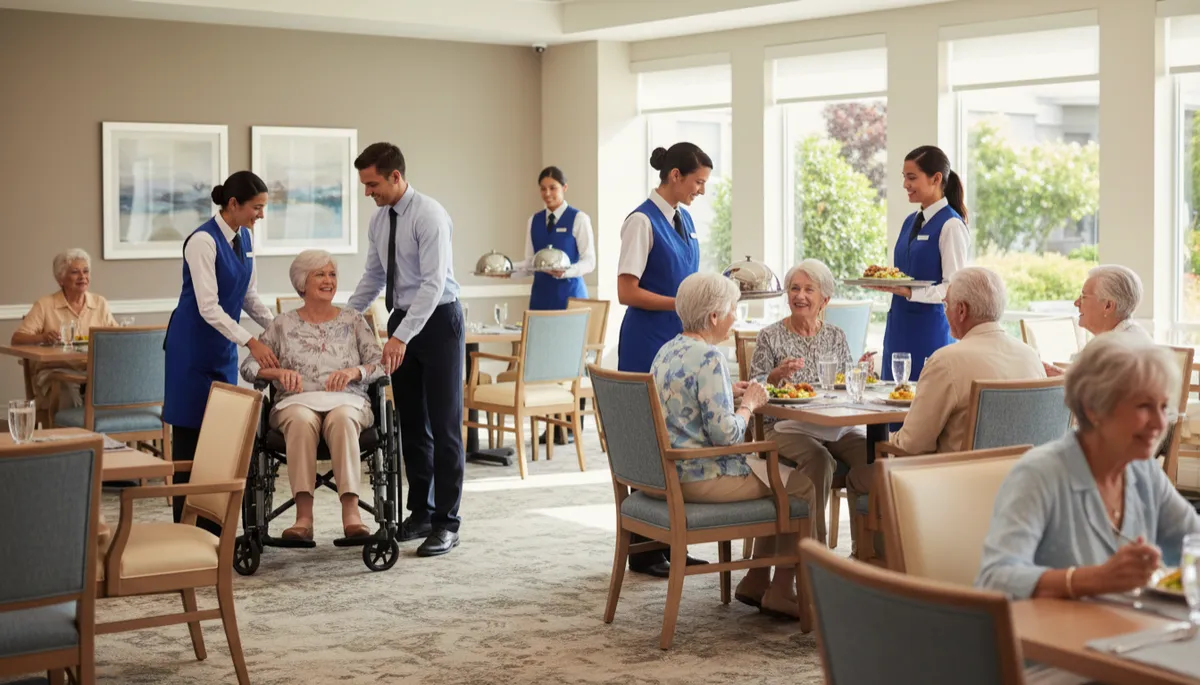Professional interior view of senior housing dining room with staff and residents