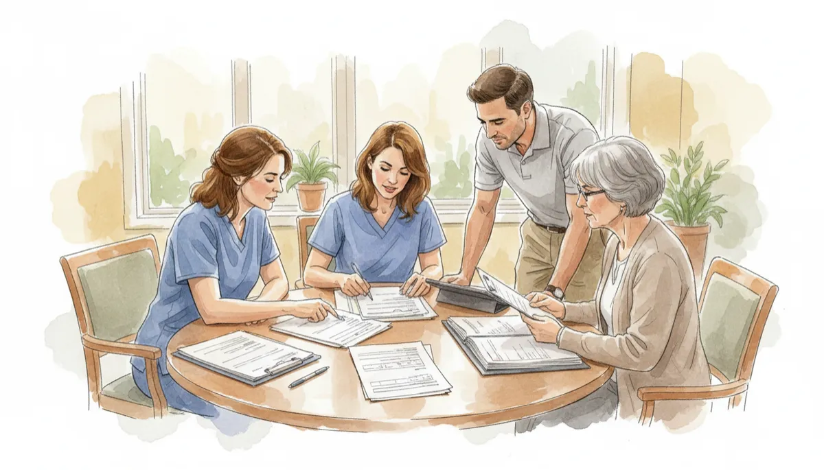 Professional caregivers in a memory care community collaborating around care and operational plans