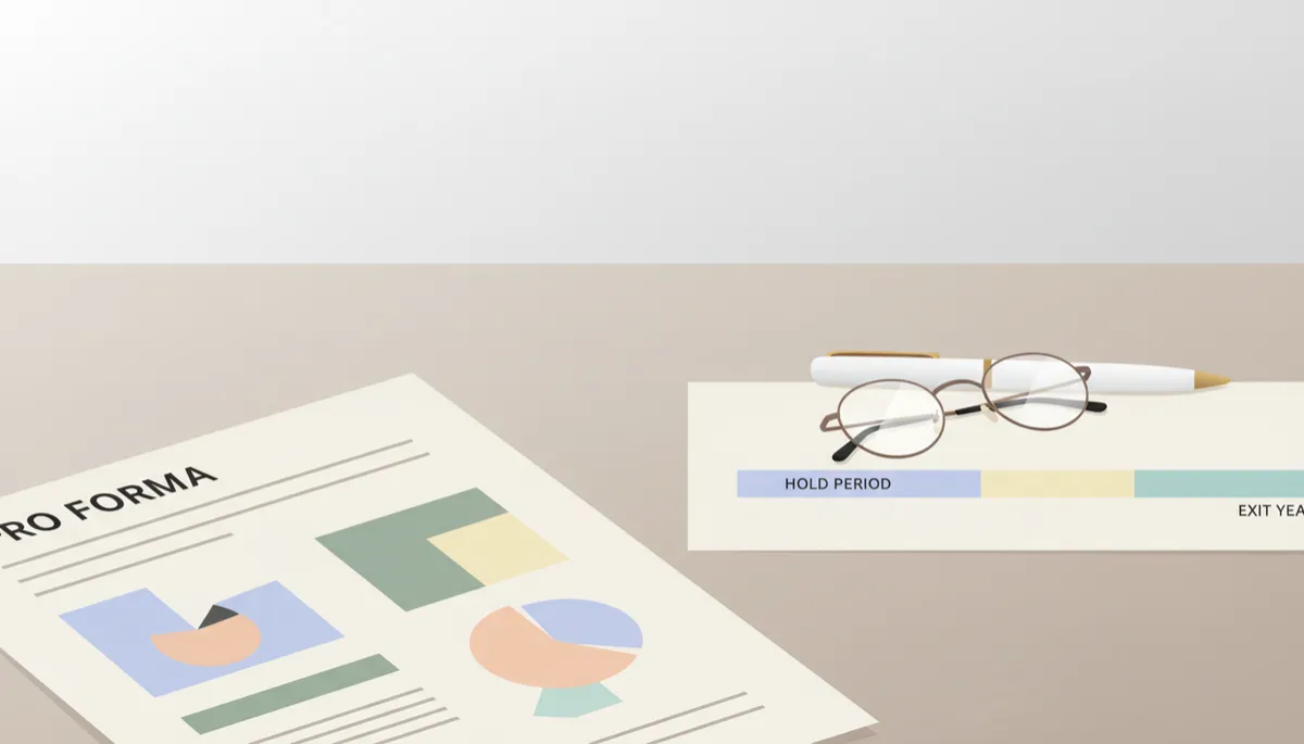 Documents showing investment pro forma and hold period timeline for a senior housing deal