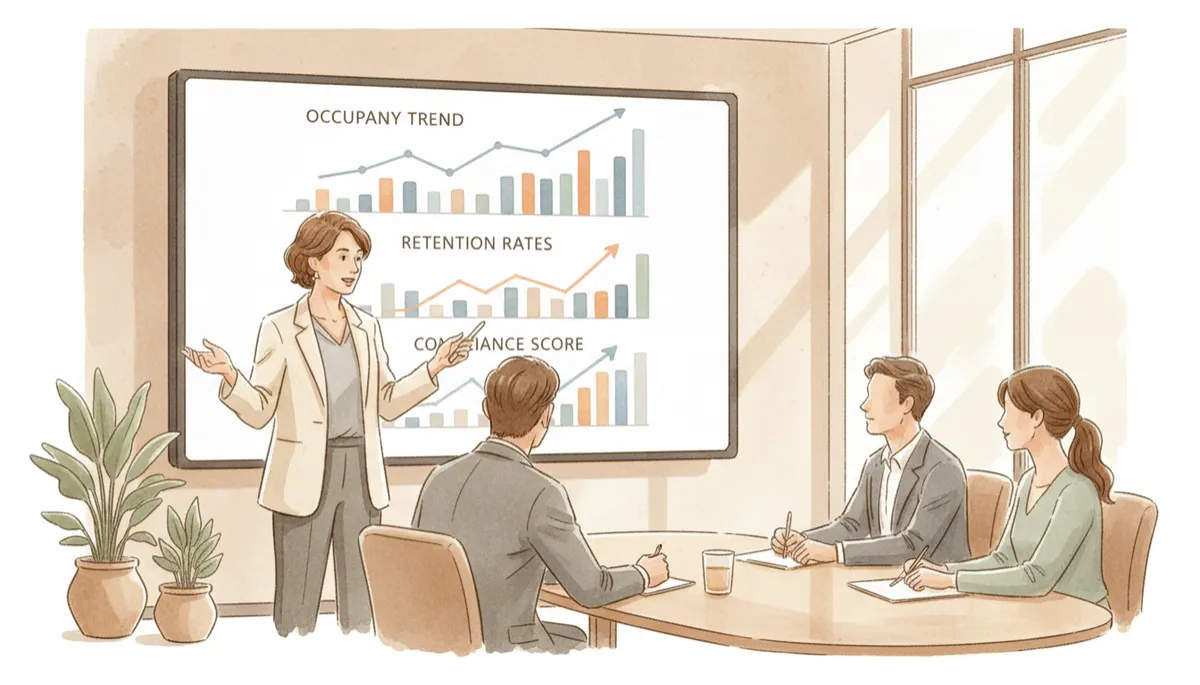 Operations leader presenting occupancy, retention, and compliance trends to investors
