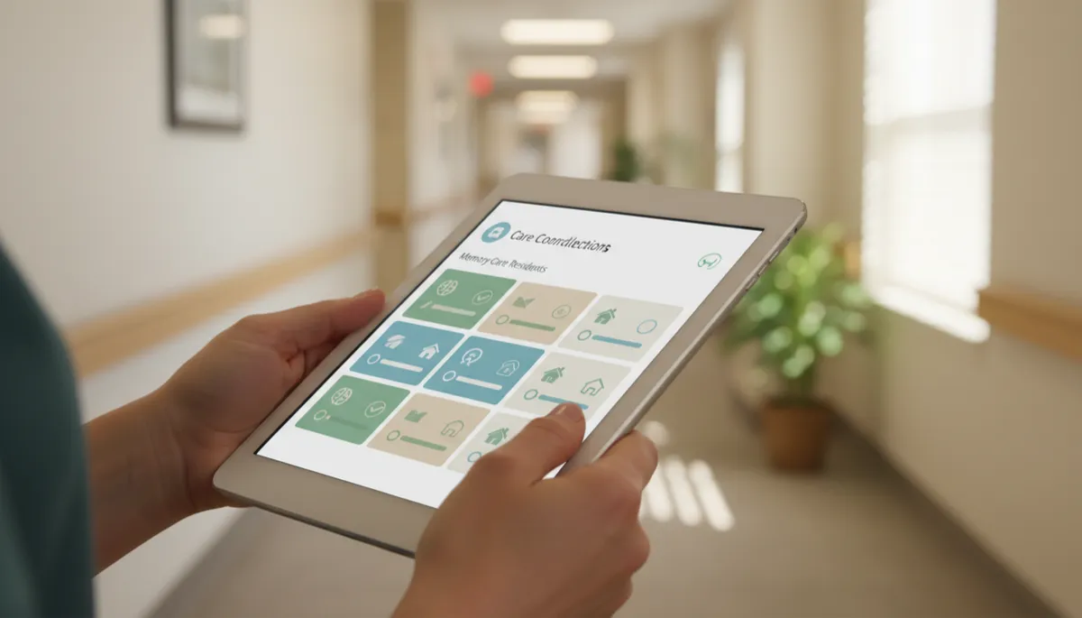Tablet displaying care coordination checklist for memory care residents