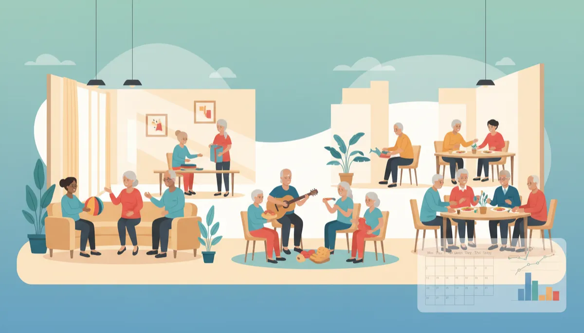 Residents engaging in structured activities in a memory care community