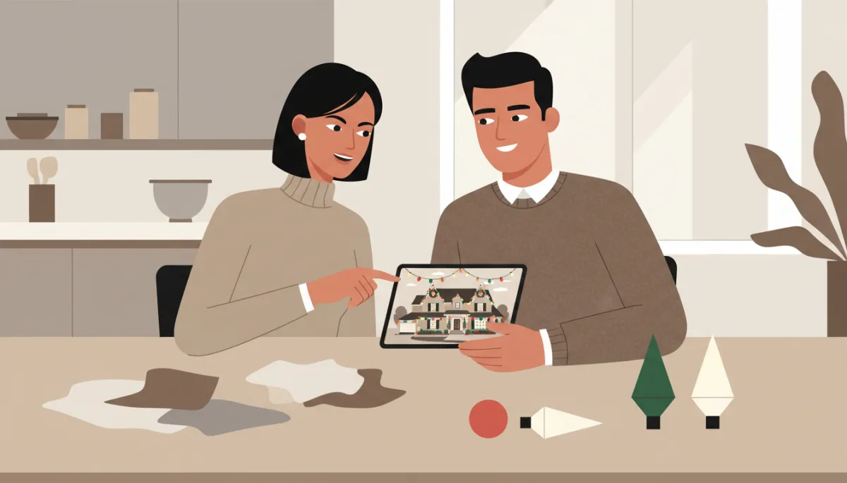 Designer and homeowner planning a Christmas light installation design together