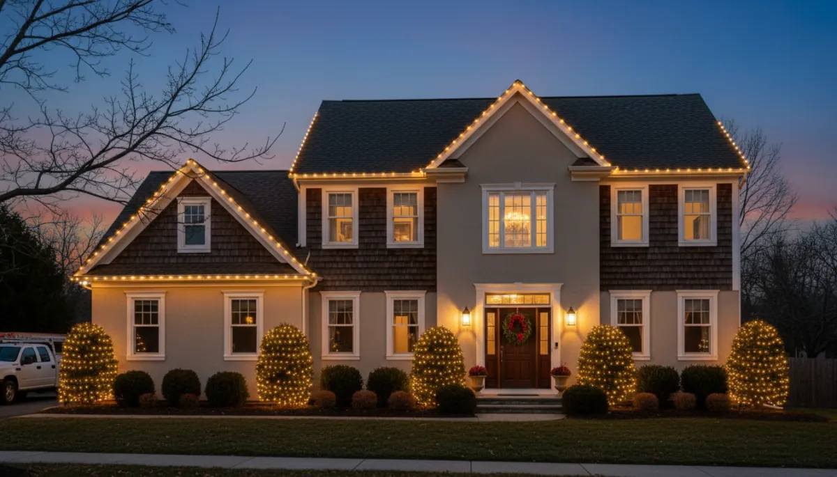 New Jersey home with professionally installed outdoor Christmas lights and wreath New Jersey home with professionally installed outdoor Christmas lights and wreath