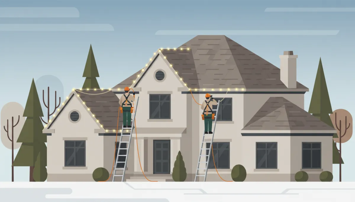 Professional lighting technicians safely installing Christmas lights on a tall New Jersey home Professional lighting technicians safely installing Christmas lights on a tall New Jersey home
