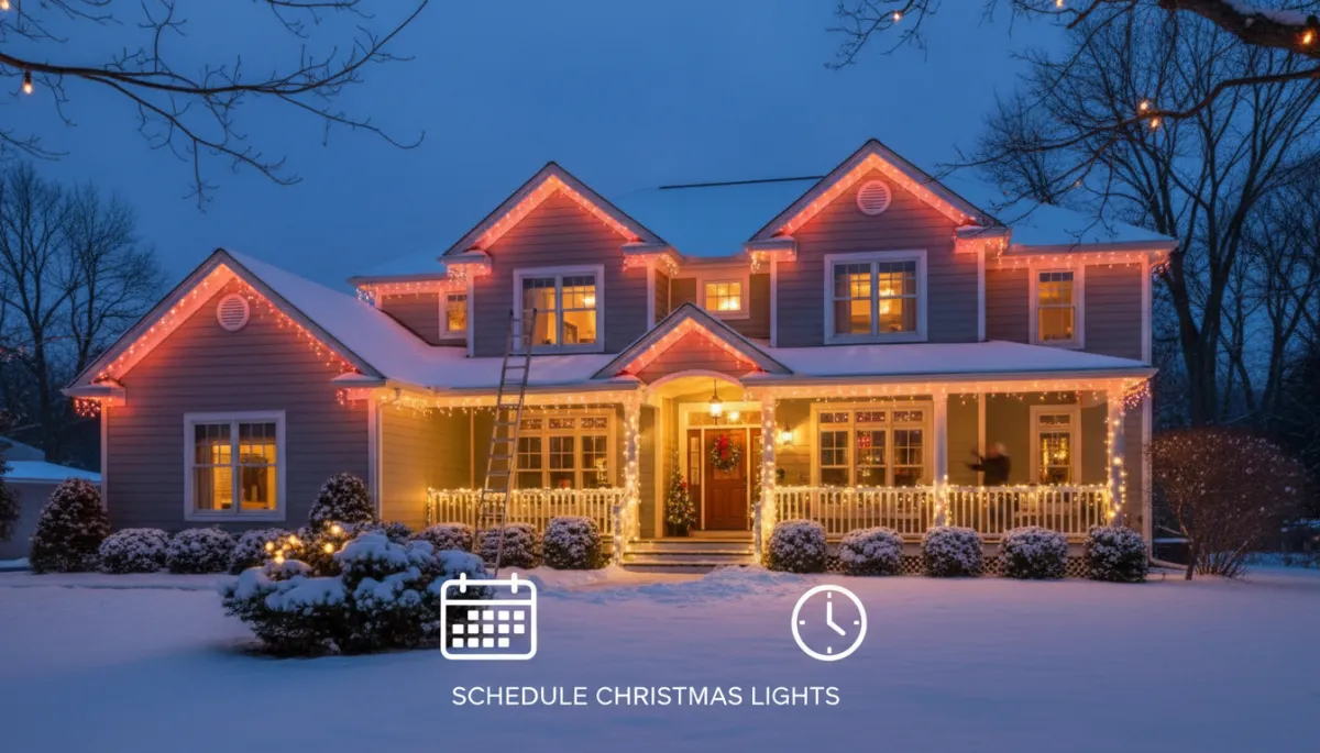 New Jersey suburban home with outdoor Christmas lights at dusk