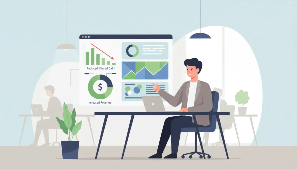 Business owner reviewing call analytics showing improved performance with voice AI Business owner reviewing call analytics showing improved performance with voice AI