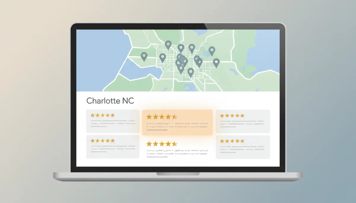 Professional mockup of a Charlotte Google Maps local 3-pack with strong 5-star reviews Professional mockup of a Charlotte Google Maps local 3-pack with strong 5-star reviews