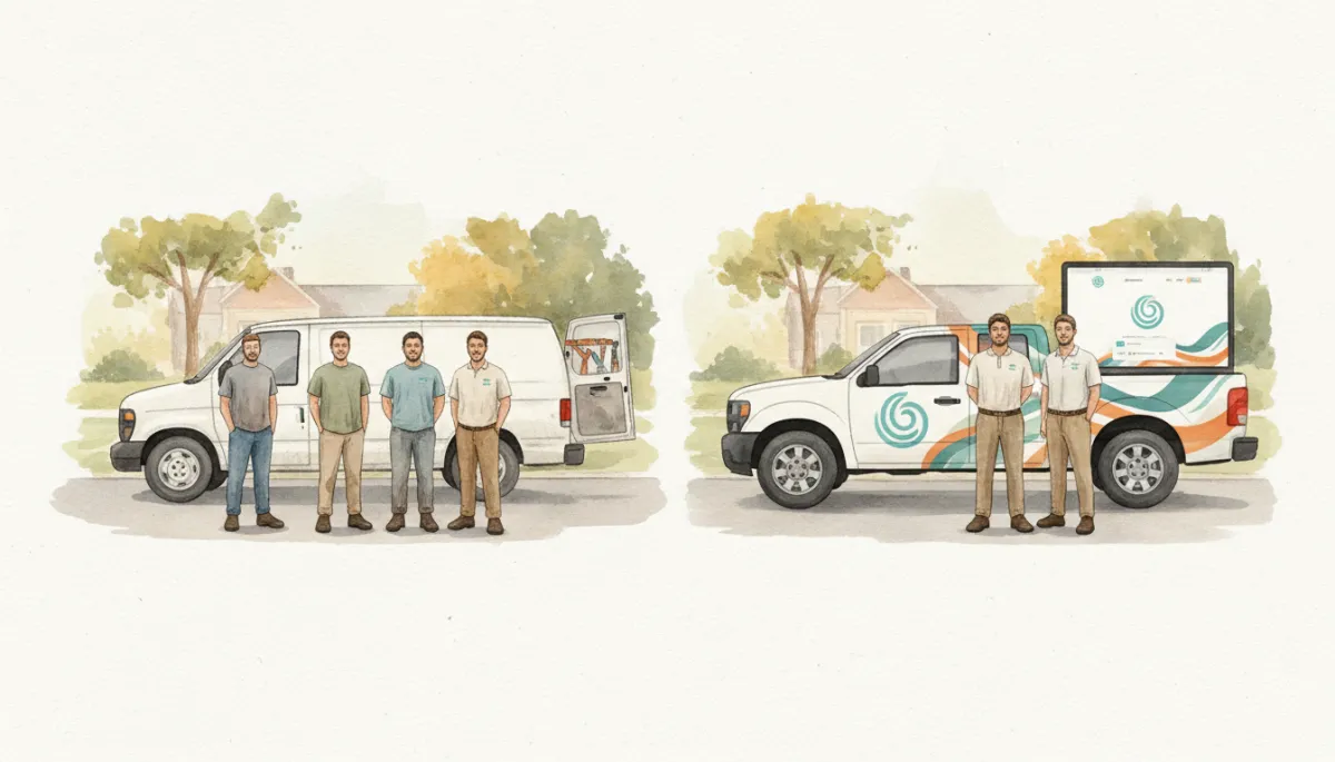 Comparison of unbranded crew and van versus fully branded uniforms, truck wrap, and website Comparison of unbranded crew and van versus fully branded uniforms, truck wrap, and website
