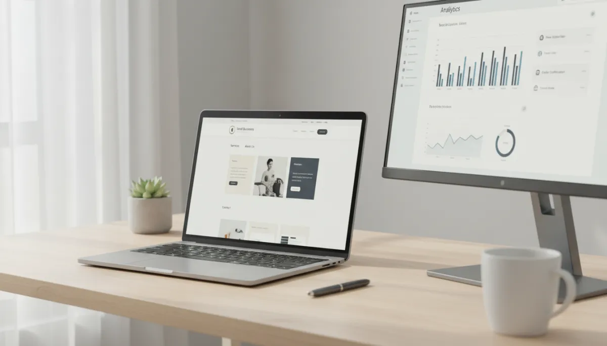 Newly launched small business website displayed on a laptop with analytics on a second screen