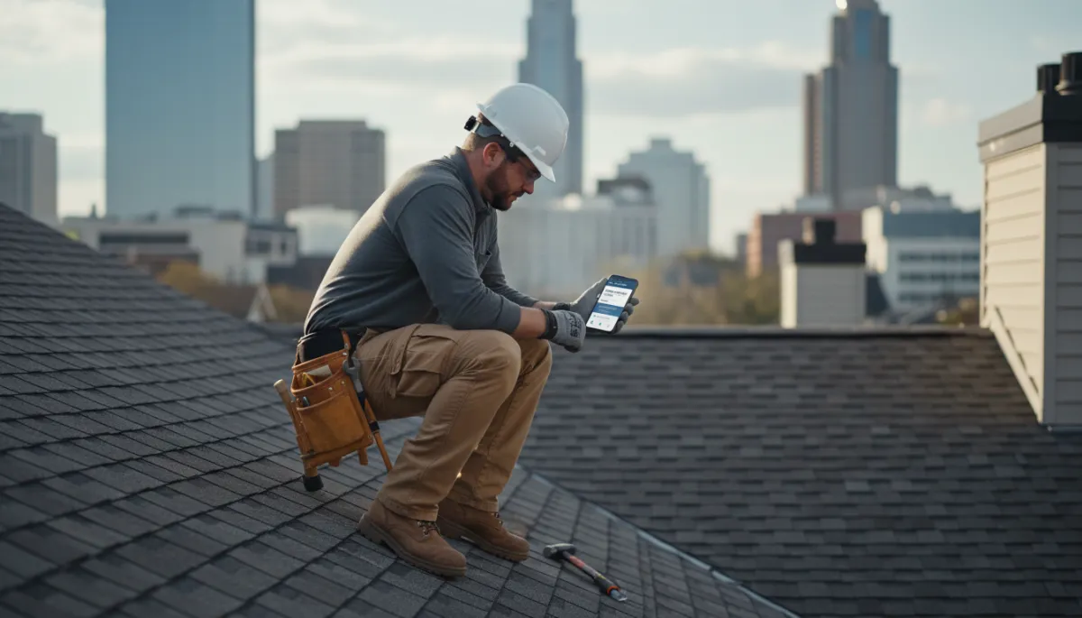 photorealistic cinematic-style overhead shot of a roofer on a Charlotte townhouse roof glancing at a smartphone showing a clean mobile contractor website, with city skyline blurred in the background, neutral color palette