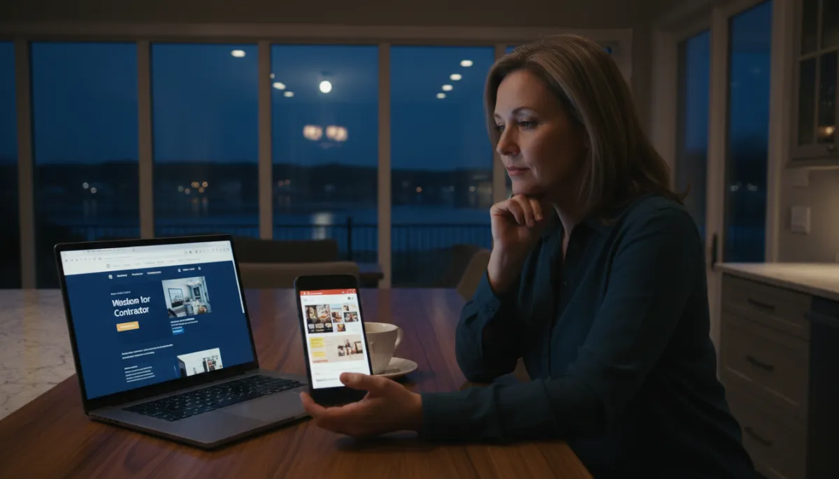 Homeowner comparing two contractor websites on laptop and phone