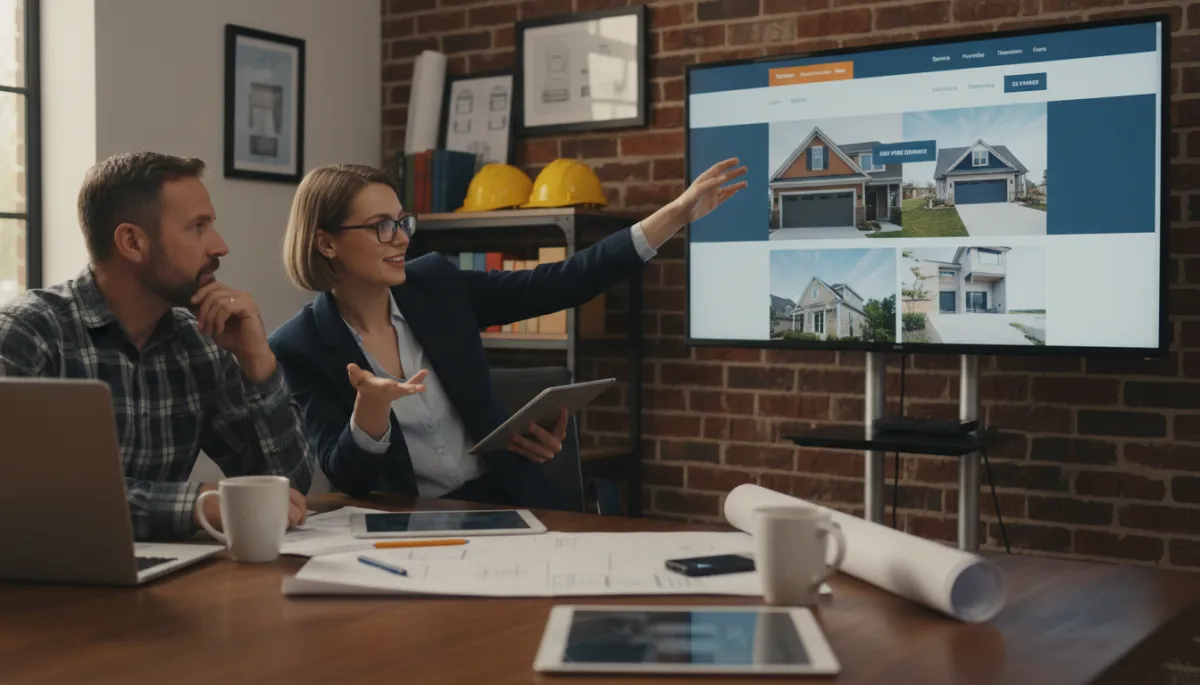 Contractor and web designer reviewing a modern contractor website in an office