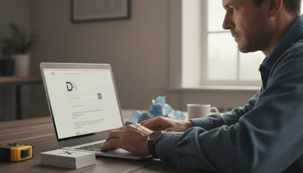 Contractor searching for a domain name on a laptop