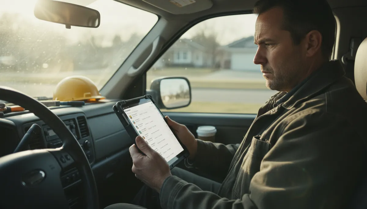 Contractor in a truck using a tablet to review customer jobs and follow-ups