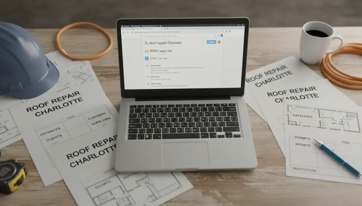 Desk of a contractor planning local SEO keywords and reviewing Google results