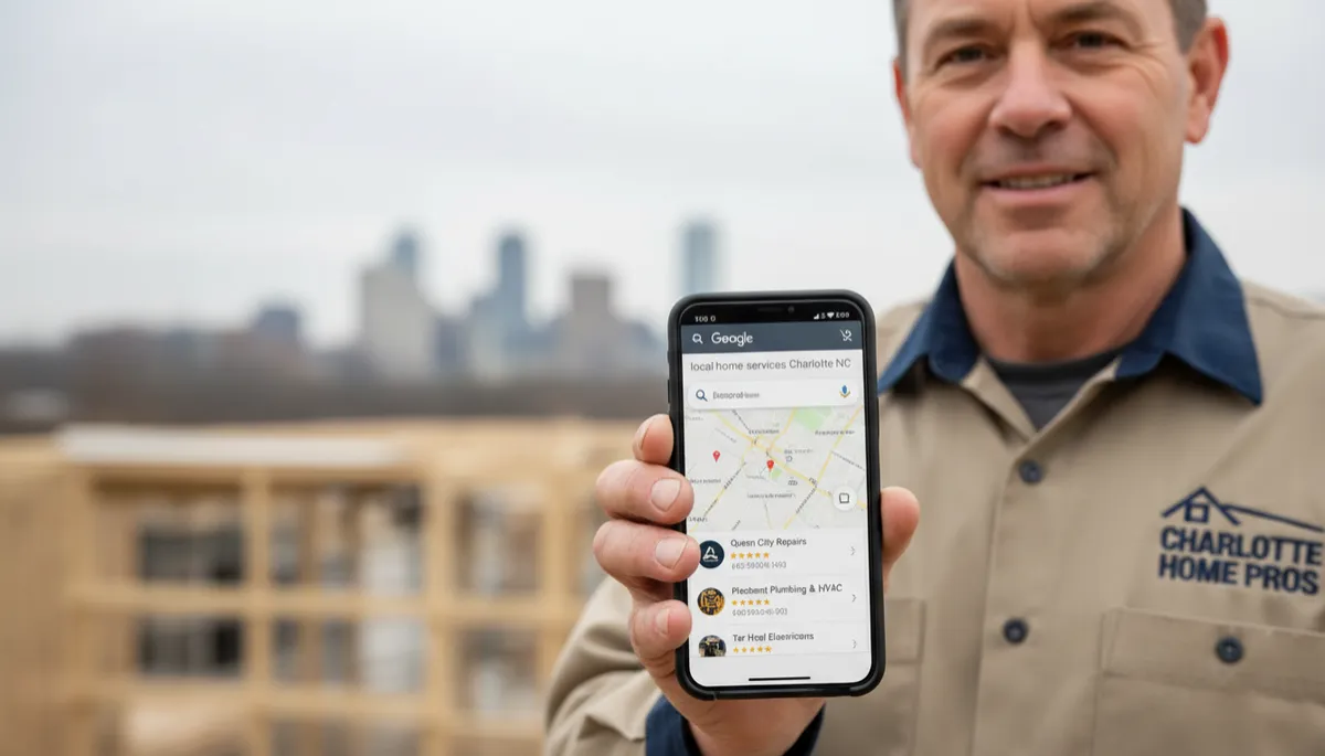 Contractor checking local Google rankings and map pack results on a smartphone