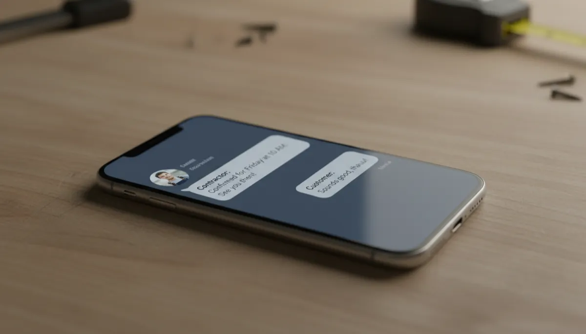 Phone showing automated text conversation between contractor and customer