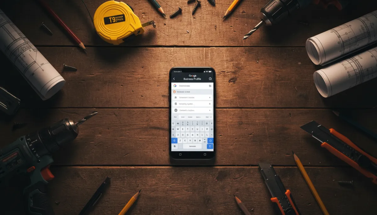 Contractor preparing a weekly Google Business Profile post on smartphone at workbench