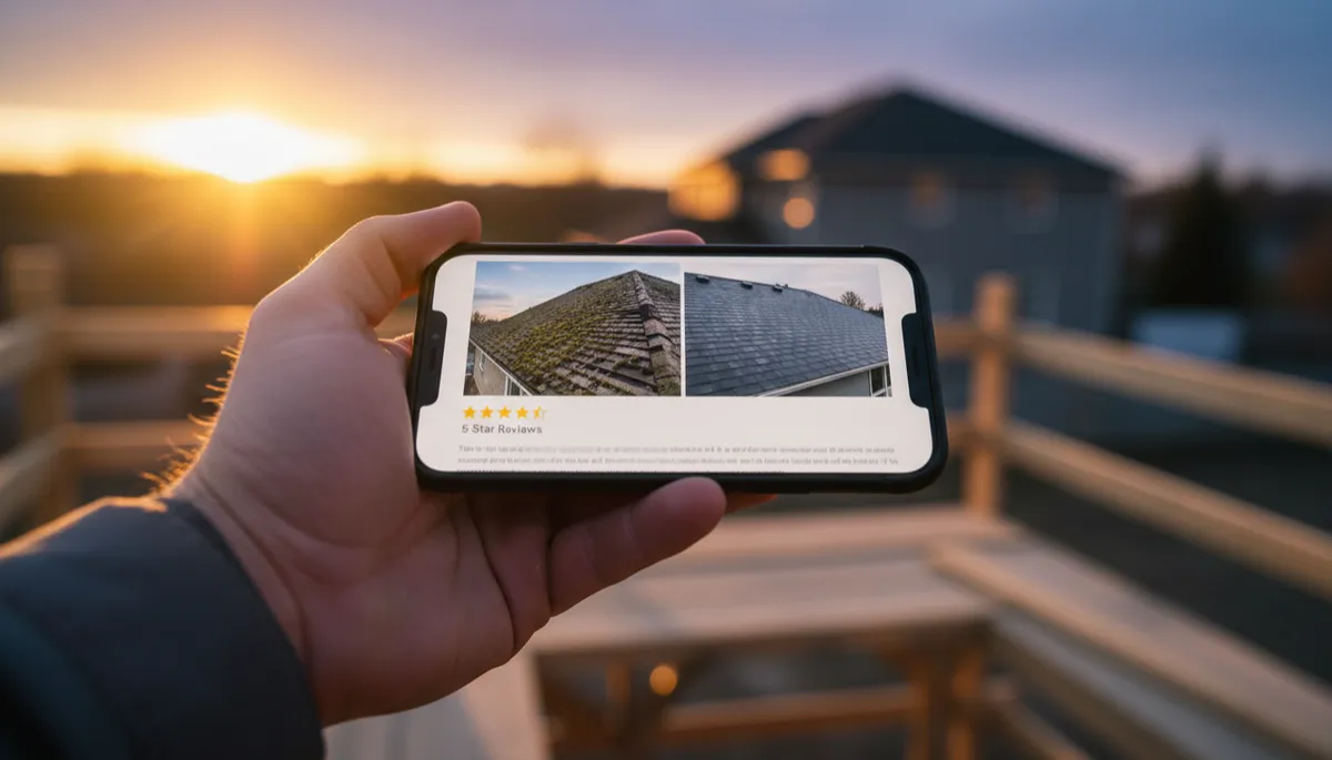 Smartphone showing a contractor Google Business Profile with project photos and reviews