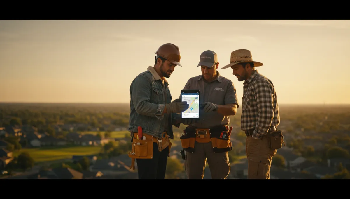 Group of contractors reviewing their Google Maps rankings on a large smartphone screen