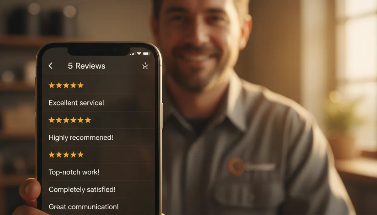 Smartphone showing multiple 5-star Google reviews for a contracting business