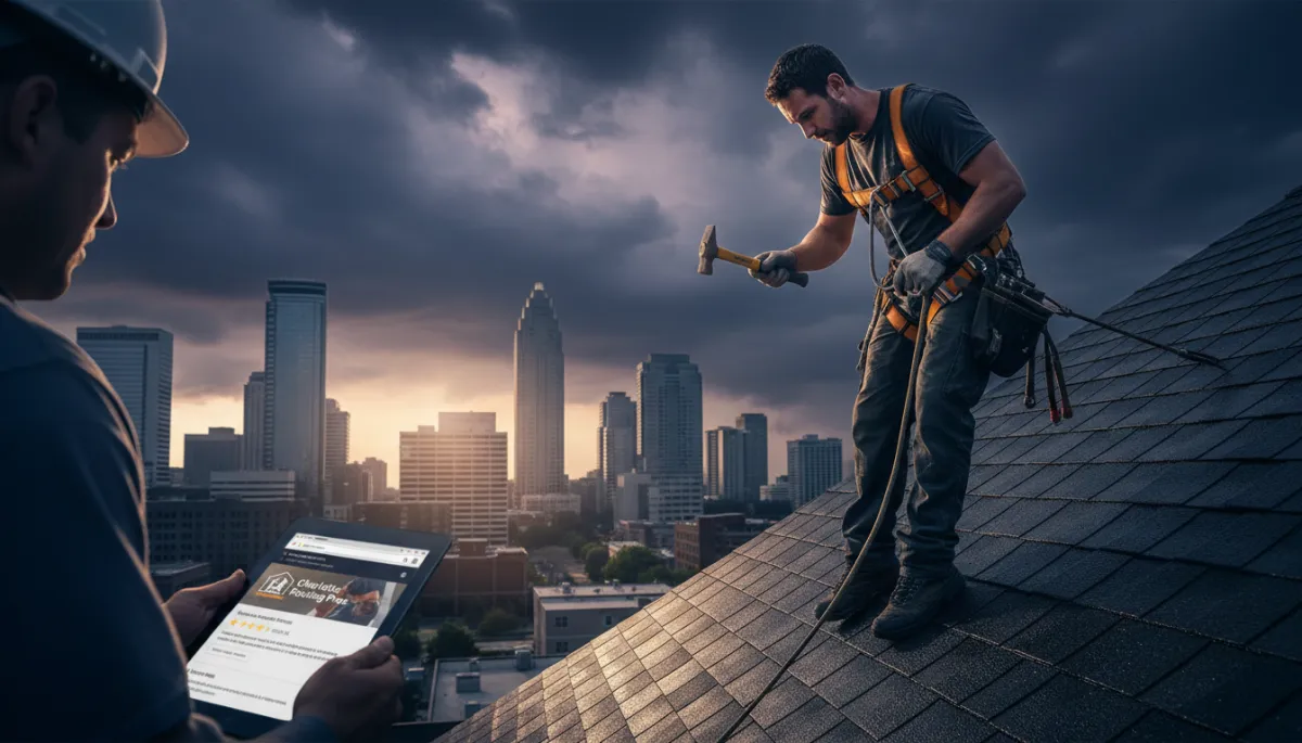 Roofer on a steep roof while teammate checks digital reviews on a tablet