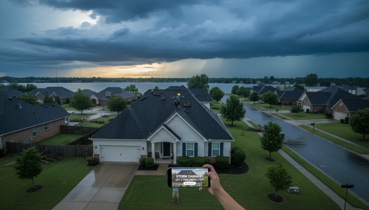 Roofer inspecting storm damage while homeowner sees a storm-related roofing ad on a phone