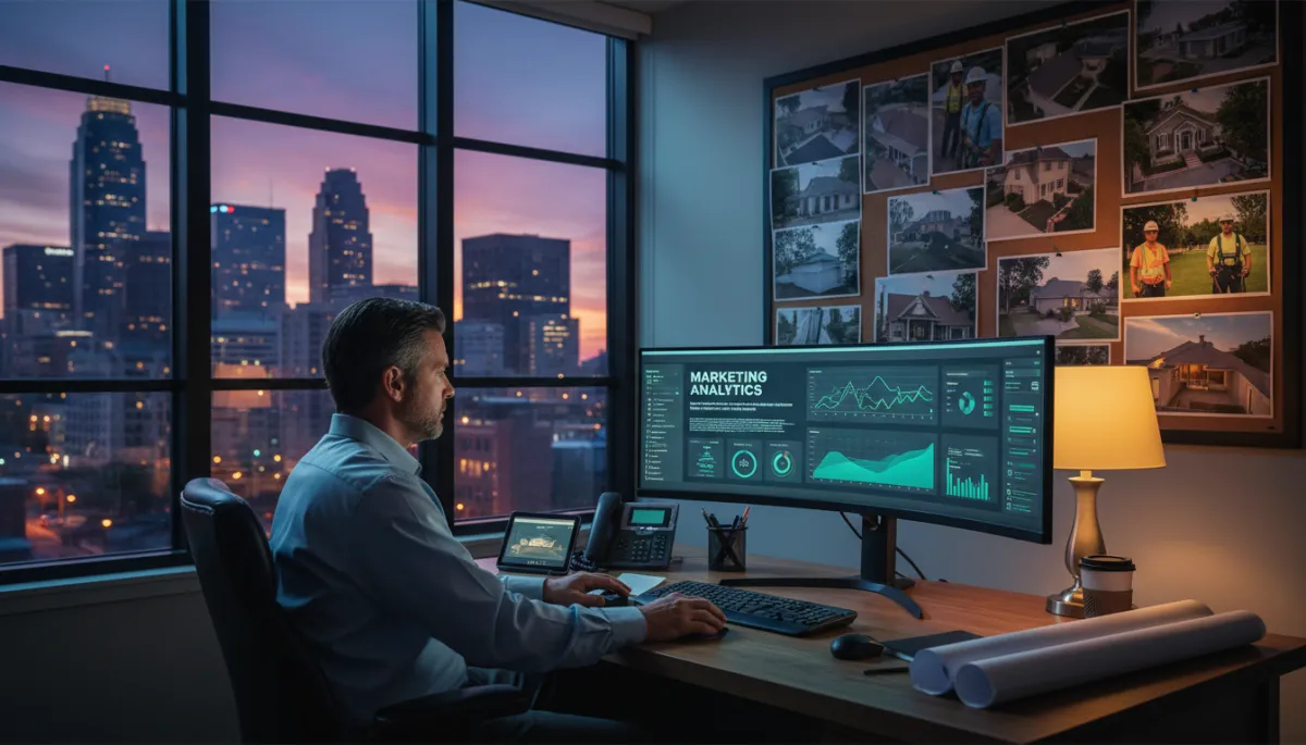 Roofing company owner reviewing digital marketing analytics with city skyline in background