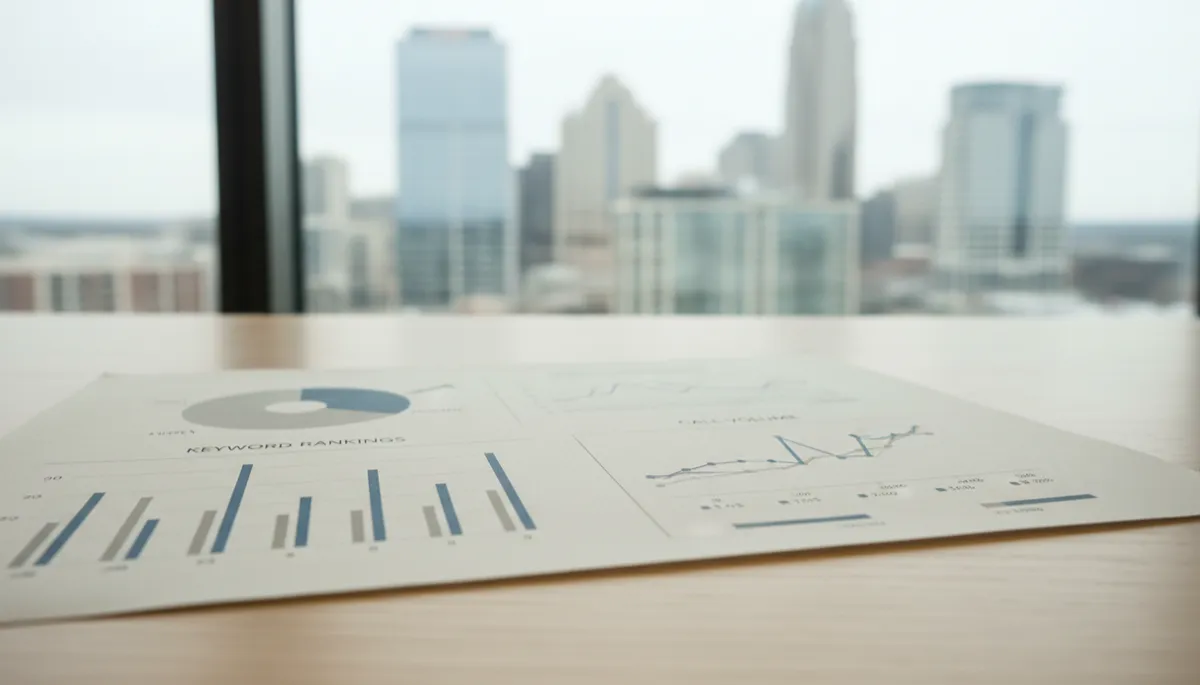 Printed SEO performance report showing rankings and calls for a Charlotte business