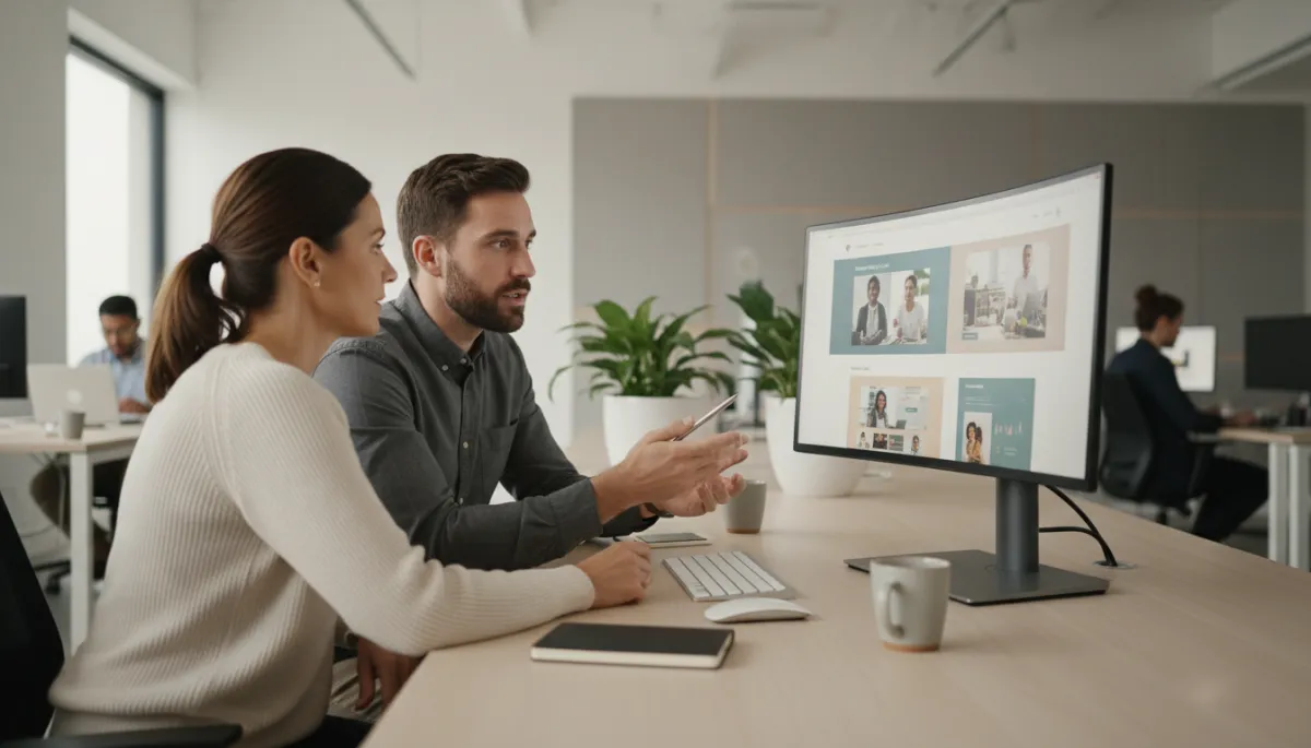 photorealistic neutral-toned modern office with a small business owner and a web designer collaborating at a large monitor showing a website mockup, soft natural light, clean professional aesthetic