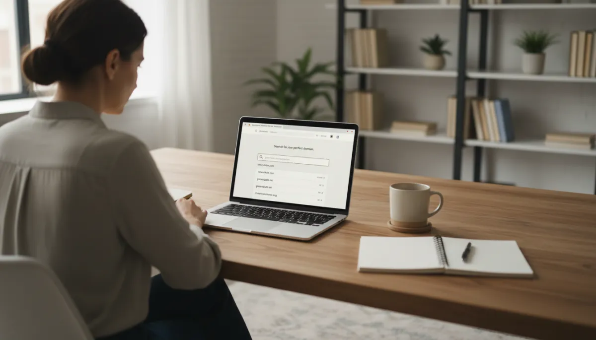 photorealistic neutral-tone office scene with a small business owner sitting at a wooden desk, focused on a laptop screen showing a domain registrar search page with a search bar and available domain results, soft natural light from a nearby window, coffee mug and notebook beside the laptop
