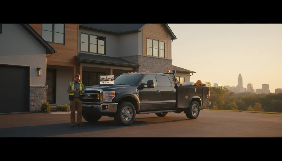 photorealistic cinematic-style wide shot of a contractor work truck parked in front of a modern Charlotte NC home at golden hour, contractor checking his phone while a sleek laptop on the tailgate shows a professional contractor website homepage, neutral color palette