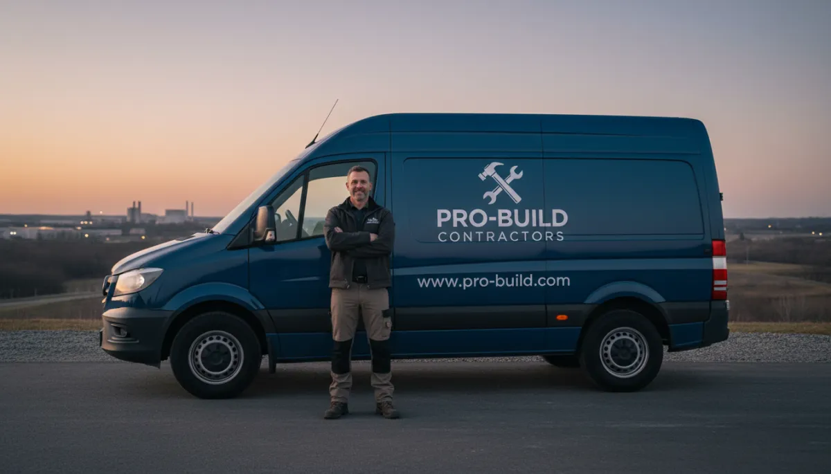 photorealistic cinematic wide shot of a small contracting business owner standing outside a branded work van at dusk, soft neutral colors, subtle depth of field, overlaid website address on the side of the van, calm professional mood