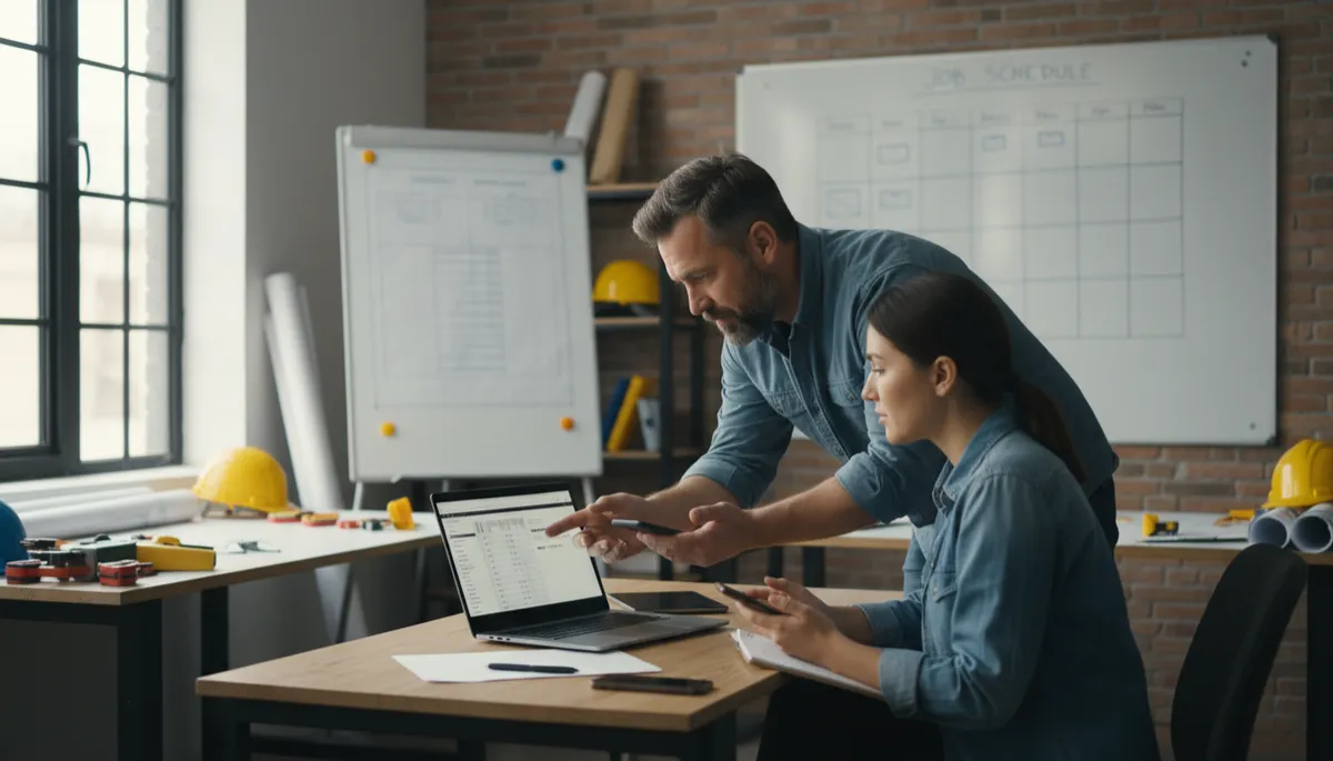 photorealistic cinematic wide shot of a small contractor office with a contractor and assistant reviewing jobs on a laptop and smartphone, soft neutral colors, natural window light, whiteboard with job schedule in background, subtle depth of field