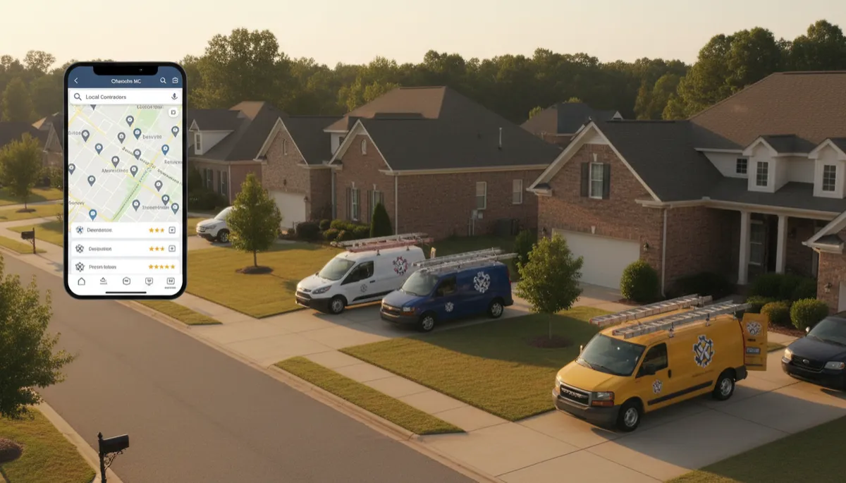 photorealistic wide shot of a Charlotte NC neighborhood at golden hour, contractor work vans parked in driveways, subtle overlay of a smartphone showing a Google Maps search for local contractors, neutral color grading, cinematic lighting