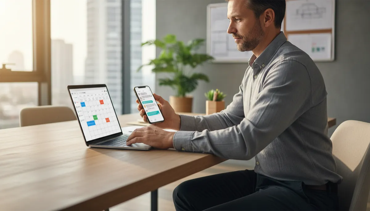 photorealistic cinematic shot of a contractor in a neutral-toned office, smartphone and laptop on desk showing text conversations and scheduling calendar, soft natural light, shallow depth of field