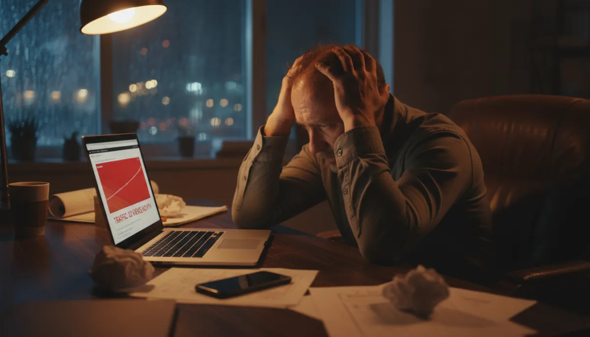 photorealistic cinematic scene of a frustrated contractor in a dimly lit office at night, phone silent on the desk, open laptop showing an outdated website with low traffic stats, warm moody lighting and shallow depth of field
