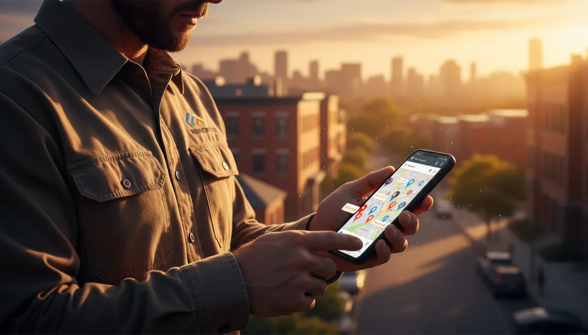 photorealistic cinematic scene of a contractor in branded work shirt holding a smartphone that shows a Google Maps screen with pins and reviews, city neighborhood in soft focus background at golden hour lighting, rich contrast and shallow depth of field
